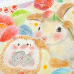 【原画】「椿とハリネズミとウサギと」　パステルアート　動物　花　かわいい　イラスト 2枚目の画像