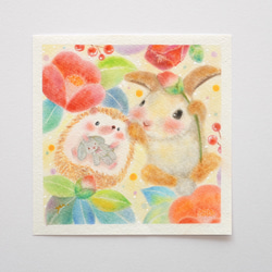 【原画】「椿とハリネズミとウサギと」　パステルアート　動物　花　かわいい　イラスト 4枚目の画像