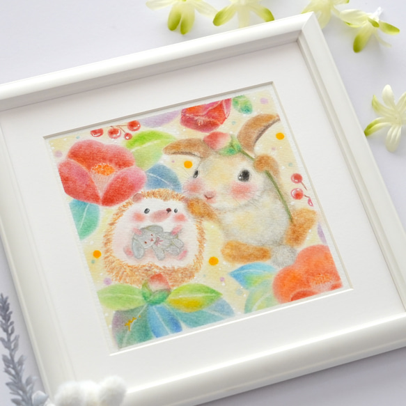 【原画】「椿とハリネズミとウサギと」　パステルアート　動物　花　かわいい　イラスト 6枚目の画像