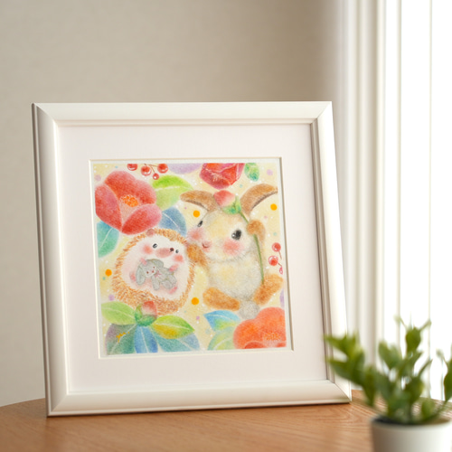 原画】「椿とハリネズミとウサギと」 パステルアート はりねずみ 花