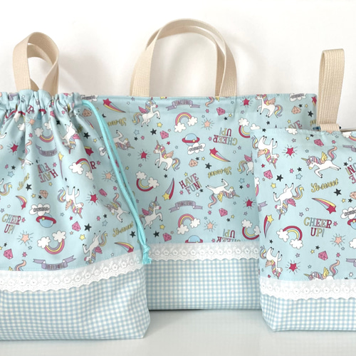 現品】メルヘンユニコーン 水色 レッスンバッグ3点セット オーダー不可 