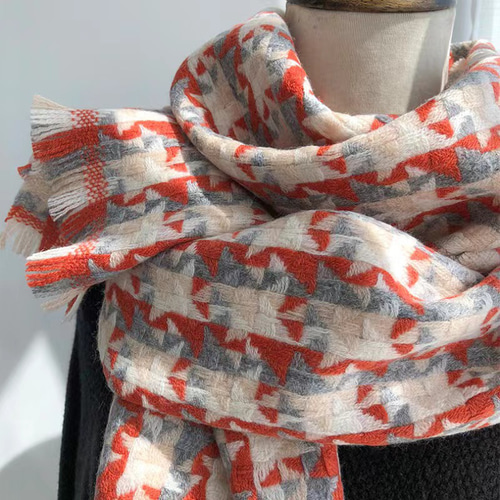 マフラー 肩掛け 手編み 千鳥格子 羊毛素材 秋冬 記念日誕生日