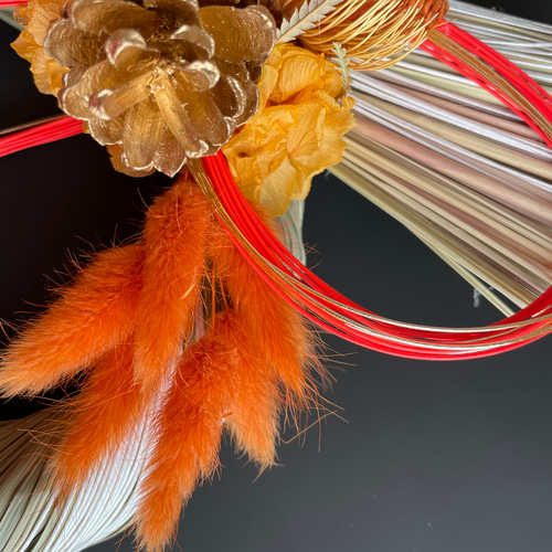 オレンジのソーラーダリアのしめ縄飾り1点 ドライフラワー しめ縄