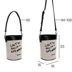 黑白布面刺綉 愛慕裡水桶包 繡字牛皮拼接 單肩斜背手提挎包 第2張的照片