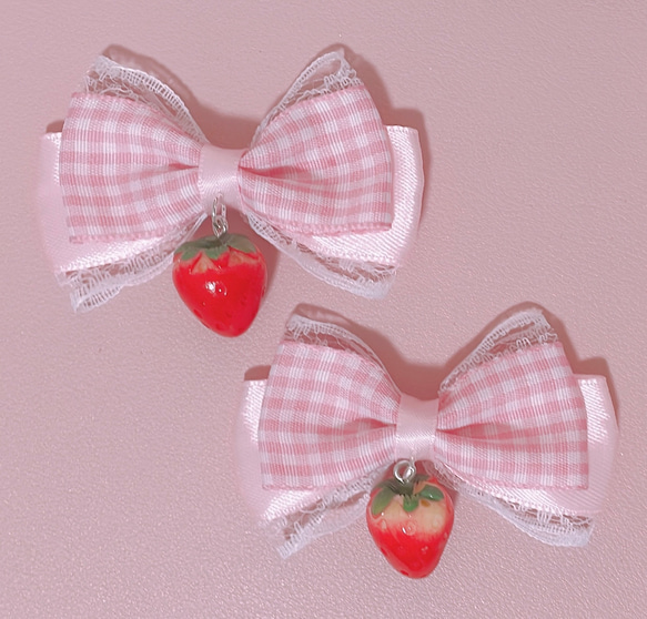 【日本製】 リボンヘアクリップ 薄ピンク ♡量産型地雷系 いちご チェック 小物