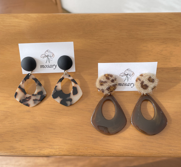 レオパード＆ブラック×おおぶりしずくプレート/ピアス/イヤリング 1枚目の画像