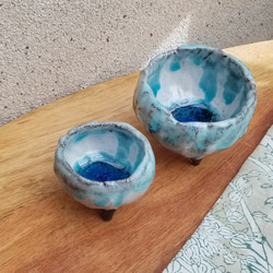 特価B級品大小セット★三つ足豆鉢【雪化粧の湖】 お香 エアープランツ花器　アクセサリートレイ 9枚目の画像