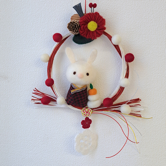 完売!!】羊毛フェルト お正月飾り リース ウサギ 着物 壁飾り k00779