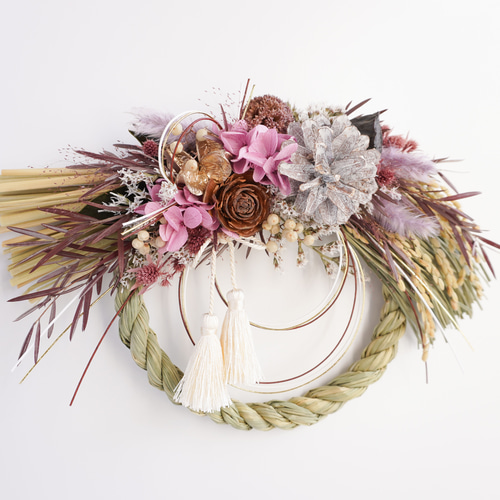 Creema限定 松ぼっくりとパープルあじさいのお正月＊稲わらしめ縄