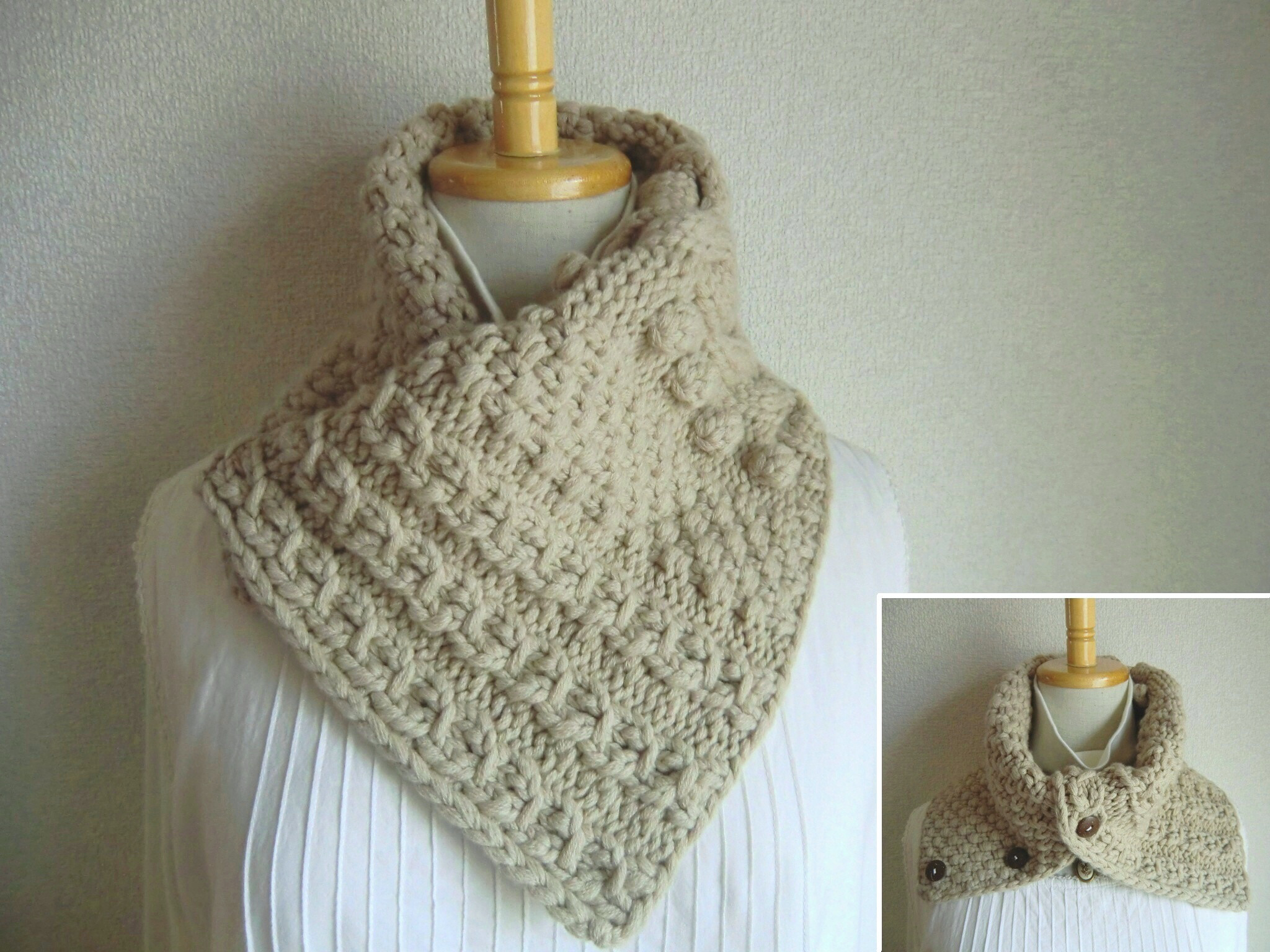 カシミヤ100％　アラン模様のカウル（ライトベージュ）