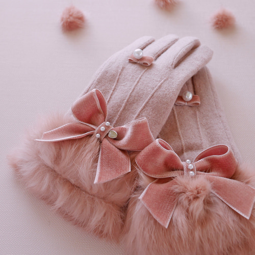 再販【即納1点のみ】リボンとファーの手袋Mサイズ（ピンク）ラビット
