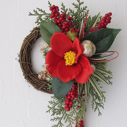 お正月リース・壁飾り・正月飾り （椿・南天の実入り）（cmwhny002