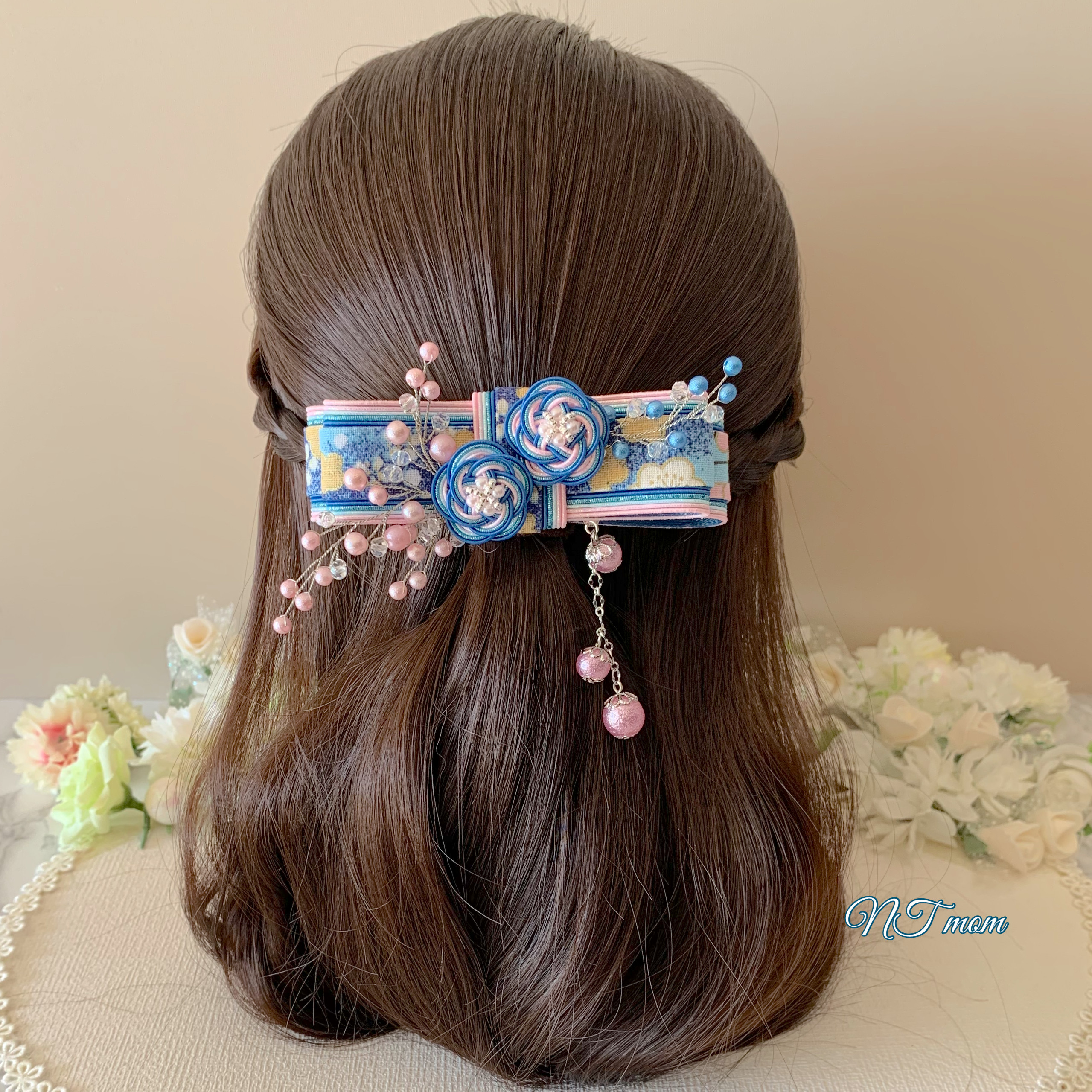 成人式卒業式結婚式・和装水引髪飾り・二つ二重梅リボン・桜瑠璃