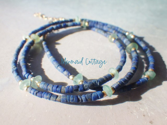 【12月誕生石】*14Kgf* Tiny Lapislazuli & Roman-glass Necklace☆ラピス 2枚目の画像