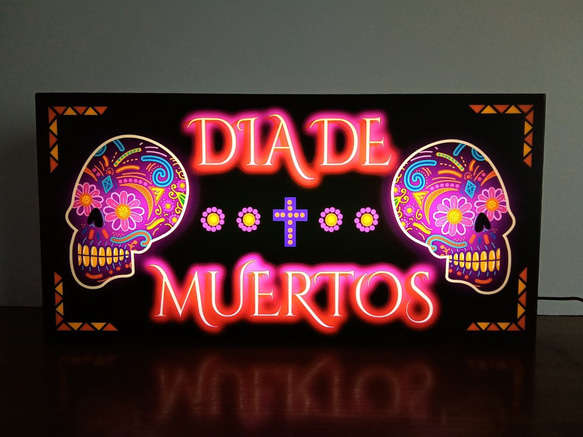 【Lサイズ】メキシカンスカル 死者の日 メキシコ カラベラ スカル 骸骨 ドクロ ネオン 看板 置物 雑貨 ライトBOX 1枚目の画像