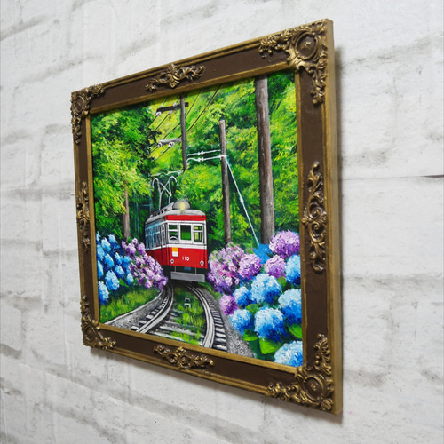 油彩画 原画】初夏の特等席〜紫陽花の咲く線路沿い〜 絵画 アジサイ