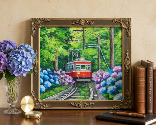 油彩画 原画】初夏の特等席〜紫陽花の咲く線路沿い〜 絵画 アジサイ