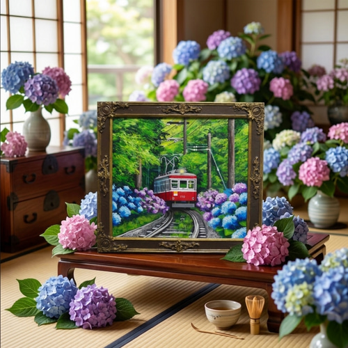 油彩画 原画】初夏の特等席〜紫陽花の咲く線路沿い〜 絵画 アジサイ