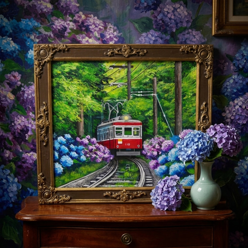 油彩画 原画】初夏の特等席〜紫陽花の咲く線路沿い〜 絵画 アジサイ