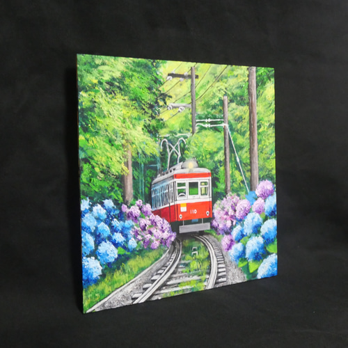 油彩画 原画】初夏の特等席〜紫陽花の咲く線路沿い〜 絵画 アジサイ