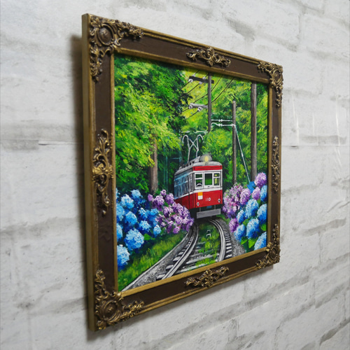 油彩画 原画】初夏の特等席〜紫陽花の咲く線路沿い〜 絵画 アジサイ