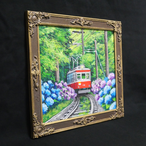 油彩画 原画】初夏の特等席〜紫陽花の咲く線路沿い〜 絵画 アジサイ