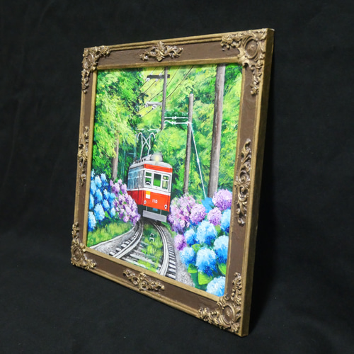 油彩画 原画】初夏の特等席〜紫陽花の咲く線路沿い〜 絵画 アジサイ