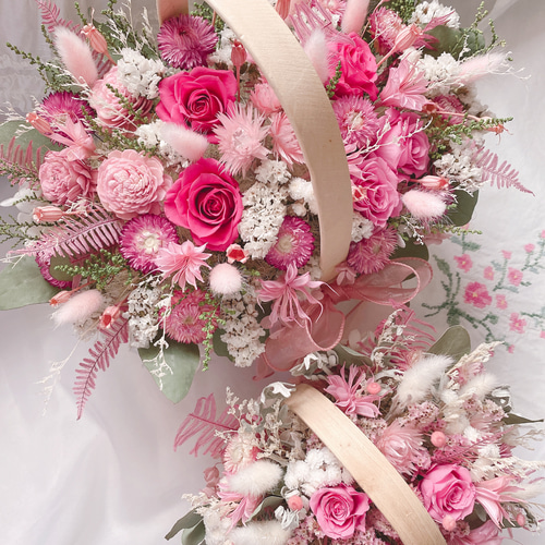 人気】 ローズピンク 華やかな 花籠 ✽ 大 バスケット ウエディング