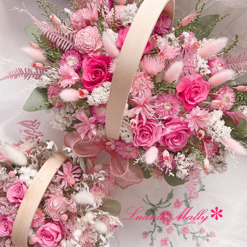 人気】 ローズピンク 華やかな 花籠 ✽ 大 バスケット ウエディング