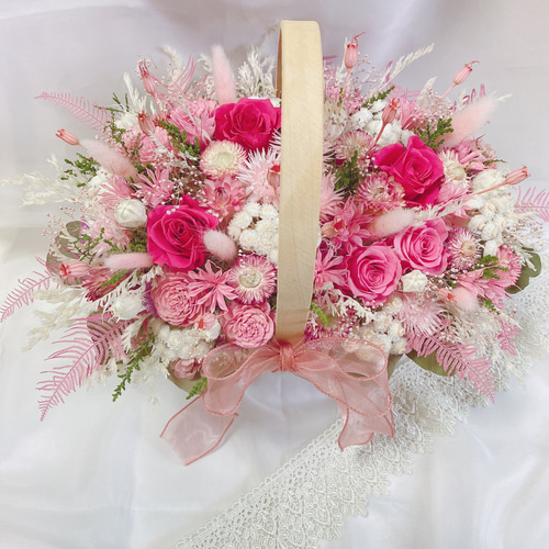 人気】 ローズピンク 華やかな 花籠 ✽ 大 バスケット ウエディング