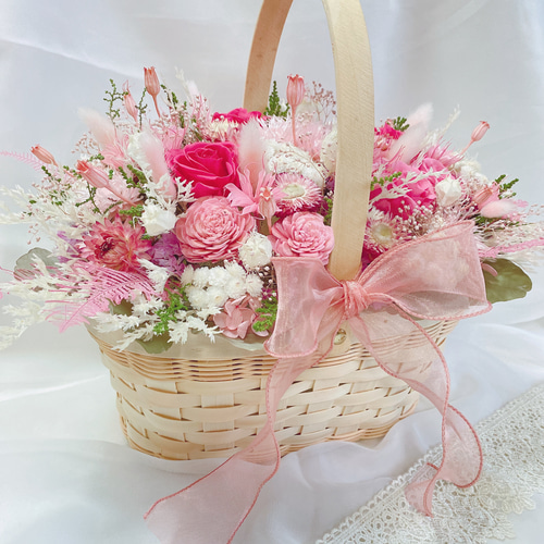 人気】 ローズピンク 華やかな 花籠 ✽ 大 バスケット ウエディング