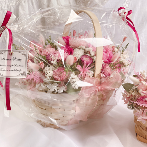 人気】 ローズピンク 華やかな 花籠 ✽ 大 バスケット ウエディング