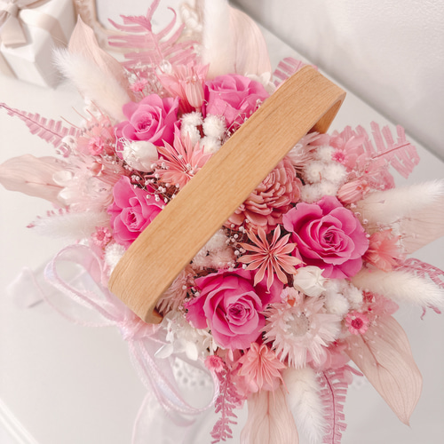 HANDMADE プリザーブドフラワー アレンジメント 花籠 薔薇 ライラック色のバラ花籠＊プリザーブドフラワー＊アレンジメント