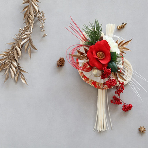 紅白椿のラタンしめ縄飾り＊紅白づくし 2way 和扇子 椿 紅白 お正月