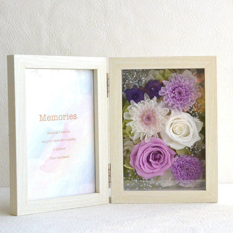 お供え用プリザーブドフラワーとフォトフレーム　写真立て 仏花 遺影 喪中はがき 供花 額 枯れない花 訃報 法事 ペット