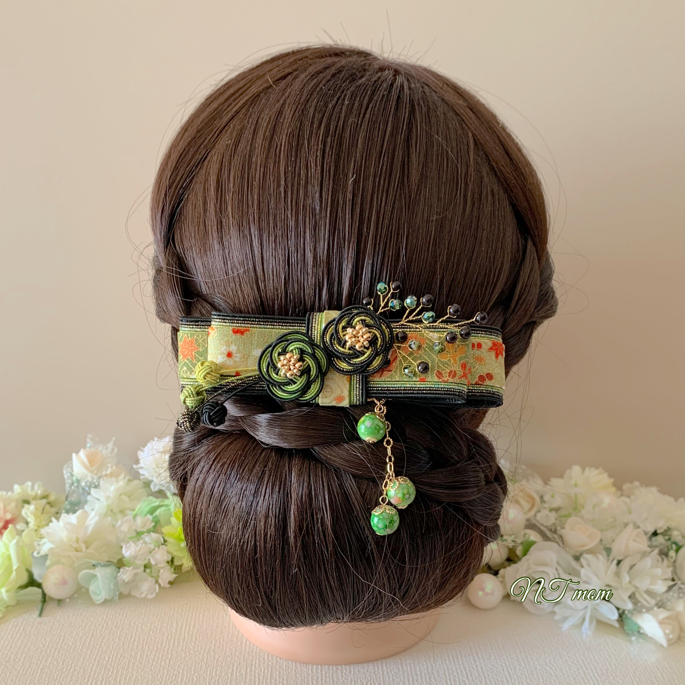 成人式卒業式結婚式・和装水引髪飾り・二つ二重梅リボン・うぐいす