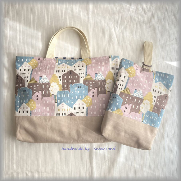 幼兒園/入學用品* Townscape Pattern Lesson Bag &amp; Shoe Bag Girls Dull 第1張的照片