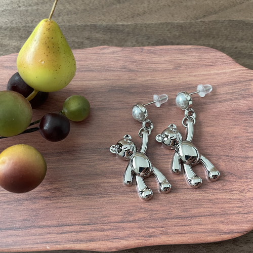 ぶら〜りくまピアス [シルバー くま パール] ピアス（スタッド・一粒