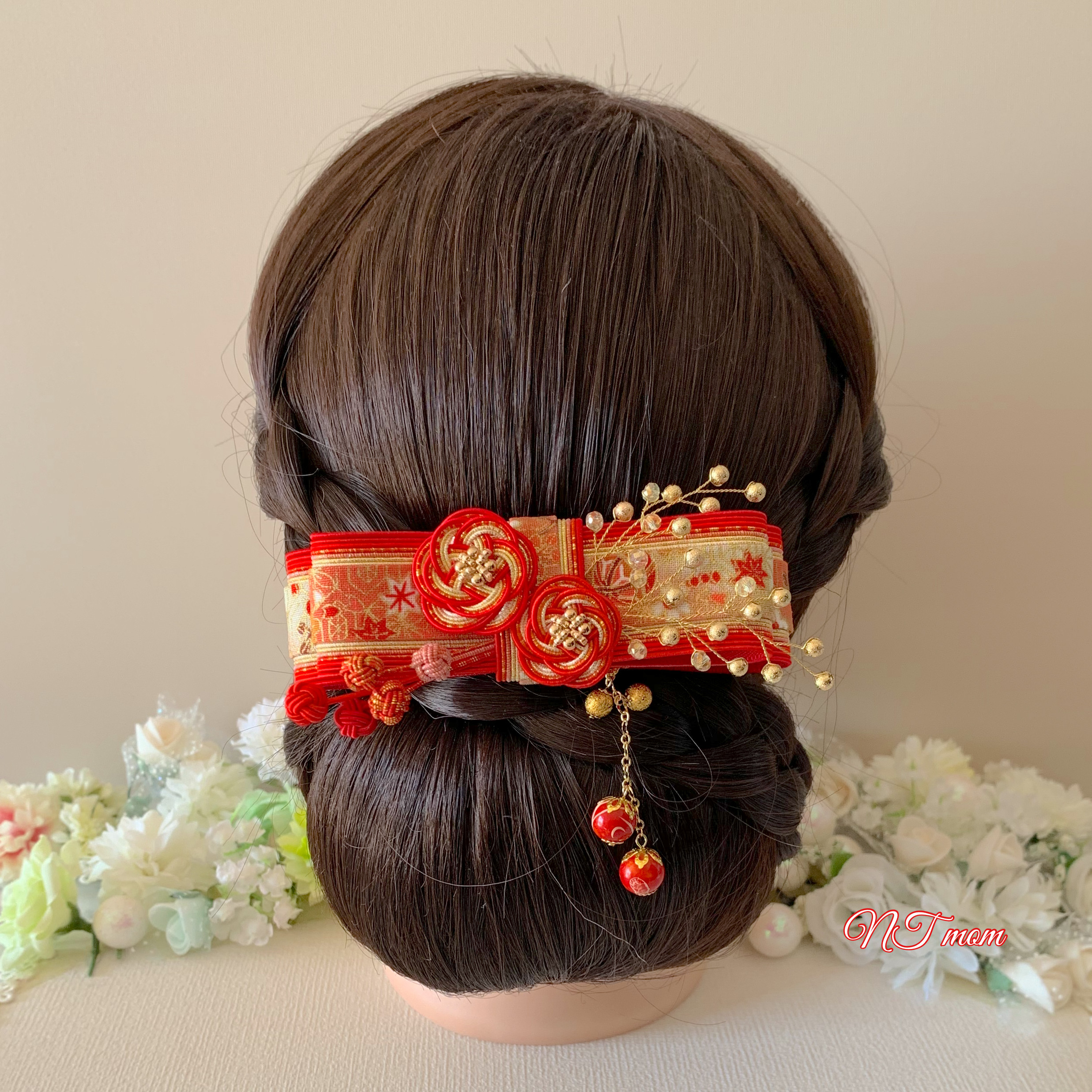 成人式結婚式卒業式・和装水引髪飾り・二つ二重梅リボン・赤金