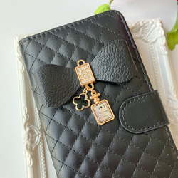 【特集掲載作品】iPhoneケース　スマホケース　リボン☆黒☆手帳型スマホケース　人気　カード収納　13　15　16 2枚目の画像