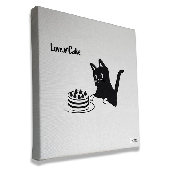 ファブリックパネル ケーキを狙ういたずらな猫（ねこ）ネコイラスト アート 正方形 SSMサイズ 日本製 3枚目の画像