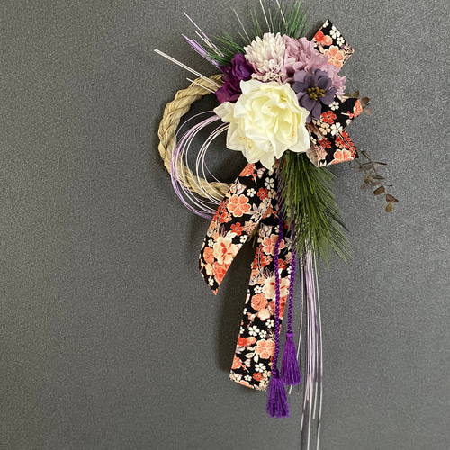 しめ飾り ロング 】しめ縄 しめ飾り お正月 水引き 紫 白 リボン