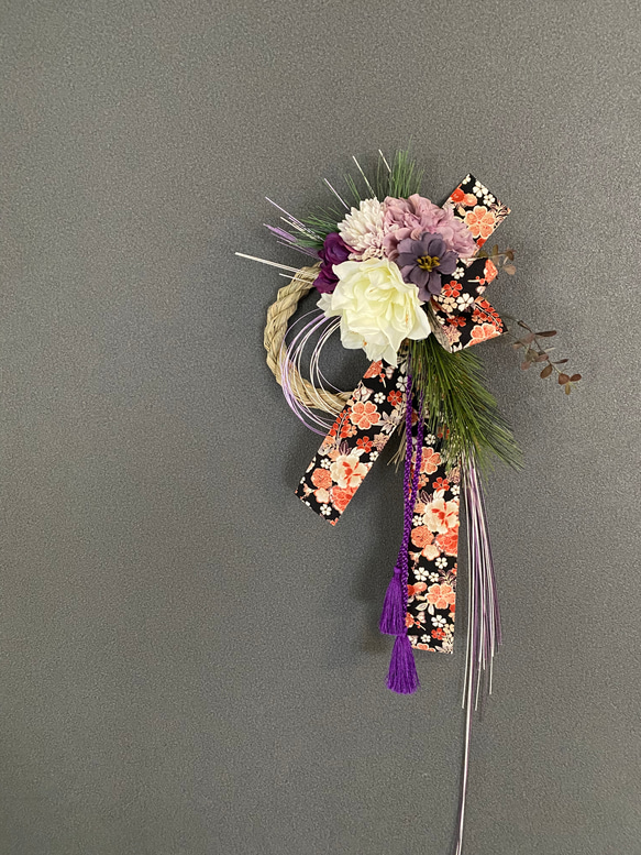 しめ飾り ロング 】しめ縄 しめ飾り お正月 水引き 紫 白 リボン