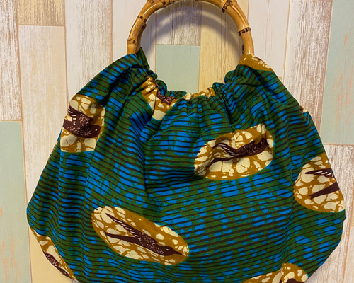 リンググラニーバッグ バンブー アフリカ布 ブルー系 ツバメ柄