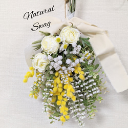 ミモザとかすみ草　白薔薇も可憐なスワッグ アーティフィシャルフラワー（造花）　花束　ブーケ　インテリア 4枚目の画像