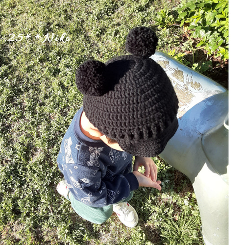 ネイビー クマ耳 ニット帽 恐ろしい 46-50cm 