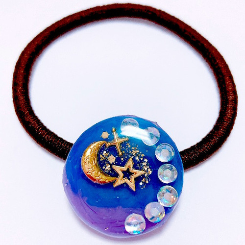 レジンヘアゴム ピンク 透け感 ライン 星 夜空 レジンヘアゴム ピンク