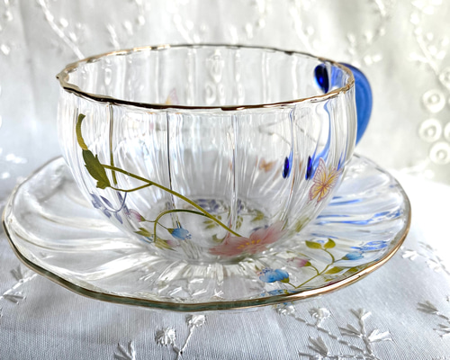 ガラスのカップ&ソーサー(ブルー取っ手)・オリエンタル ティーカップ