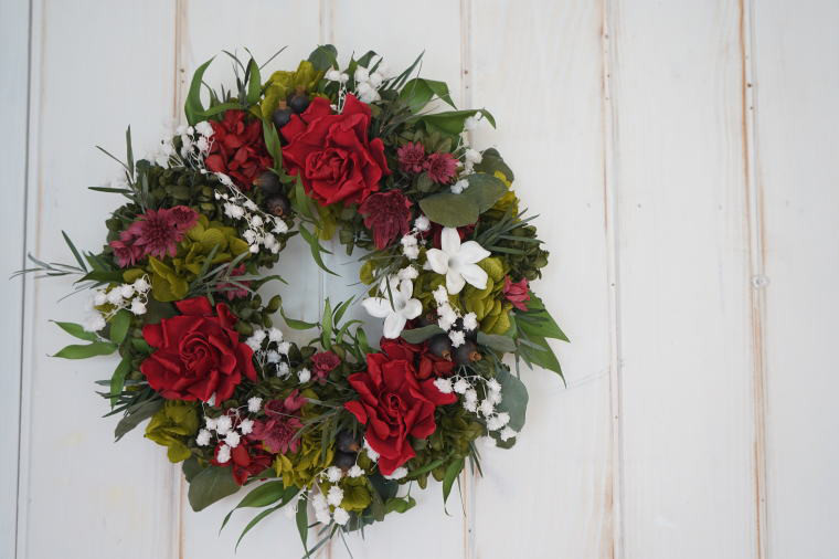 還暦祝い プリザーブドフラワーリース～ワインレッド＆グリーン～ 退職