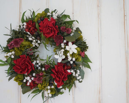 還暦祝い プリザーブドフラワーリース～ワインレッド＆グリーン～ 退職